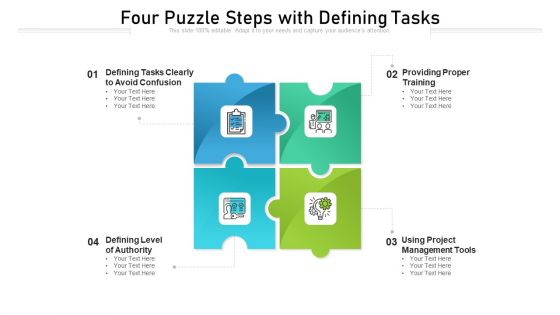 Four Puzzle Steps With Defining Tasks Ppt PowerPoint Presentation Gallery Introduction PDF