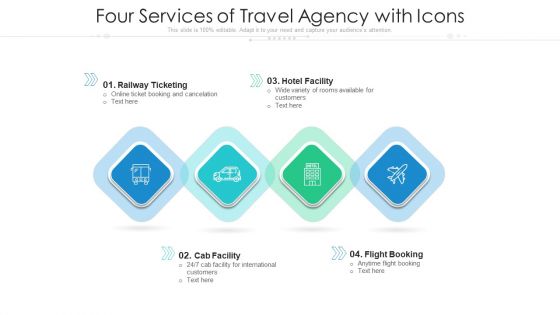 Four Services Of Travel Agency With Icons Ppt PowerPoint Presentation Icon Example PDF Four Services Of Travel Agency With Icons Ppt PowerPoint Presentation Icon Example PDF