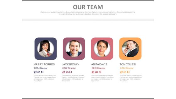 Four Team Members With Profile Details Powerpoint Slides