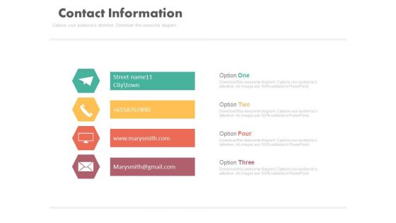 Four Text Tags With Icons For Contact Information Powerpoint Slides