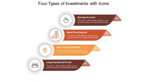Four Types Of Investments With Icons Ppt PowerPoint Presentation Slides Icons Four Types Of Investments With Icons Ppt PowerPoint Presentation Slides Icons