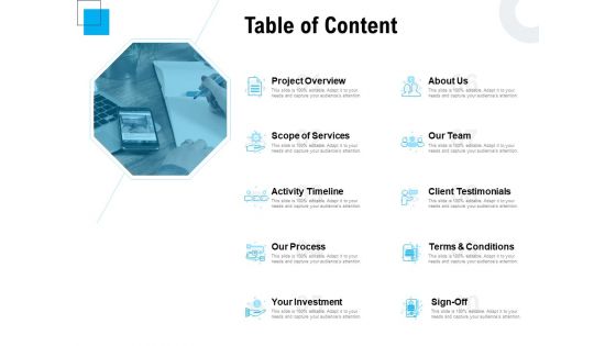 Freelancer RFP Table Of Content Ppt PowerPoint Presentation Summary Background Image PDF