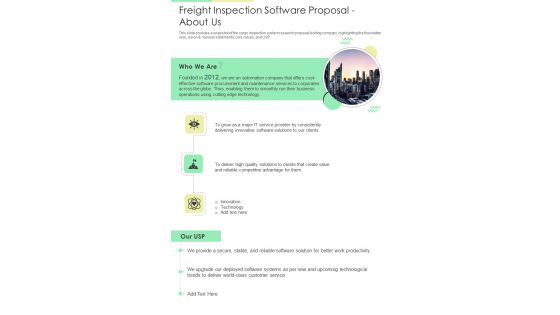 Freight Inspection Software Proposal About Us One Pager Sample Example Document