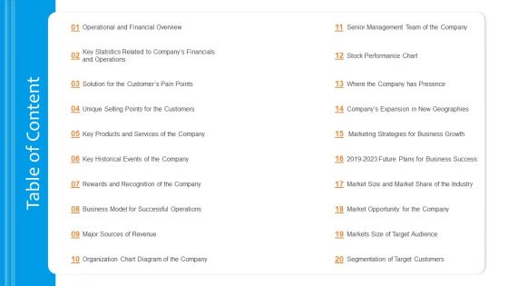 Funding Pitch To Raise Funds From PE Table Of Content Business Slides PDF