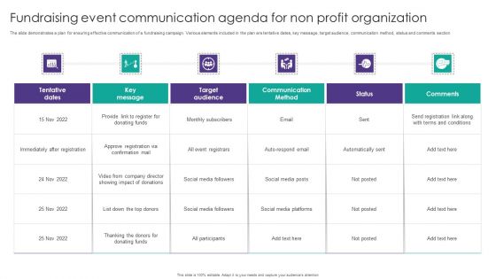 Fundraising Event Communication Agenda For Non Profit Organization Template PDF