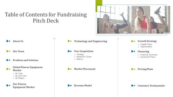 Fundraising Presentation Gym Equipments Startup Table Of Contents For Fundraising Pitch Deck Topics PDF