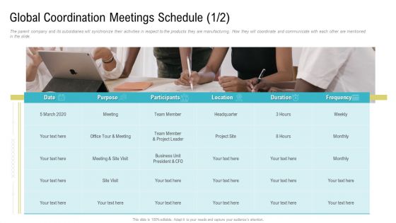 Global Coordination Meetings Schedule Purpose Ppt Layouts Images PDF