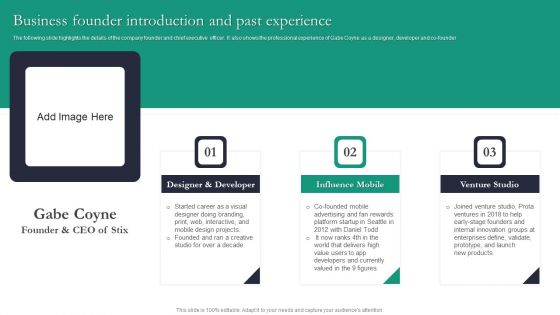 Golf Stix And Other Equipemnts Funding Business Founder Introduction And Past Experience Designs PDF