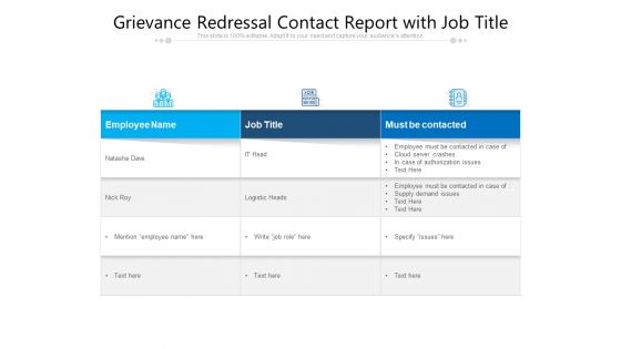 Grievance Redressal Contact Report With Job Title Ppt PowerPoint Presentation Gallery Graphics Tutorials PDF