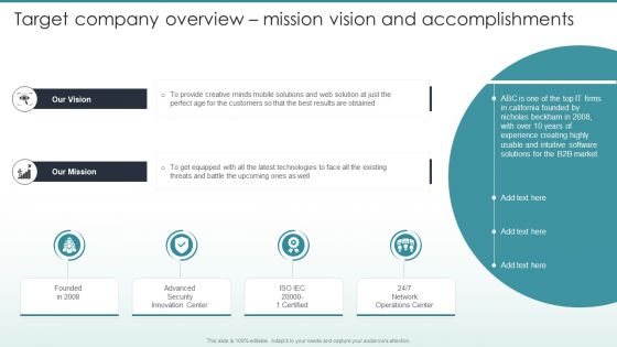 Guide To Mergers And Acquisitions Target Company Overview Mission Vision And Accomplishments Mockup PDF