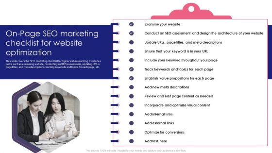 Guide To SEO Marketing On Page SEO Marketing Checklist For Website Optimization Icons PDF
