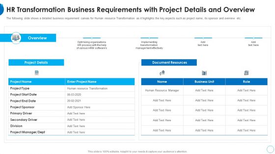 HR Transformation Business Requirements HR Change Management Tools Summary PDF