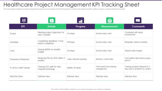 Healthcare Project Management KPI Tracking Sheet Demonstration PDF