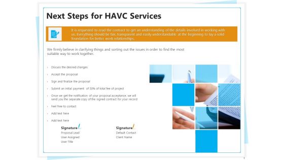 Heating Ventilation And Air Conditioning Installation Next Steps For HAVC Services Ppt Inspiration Brochure PDF
