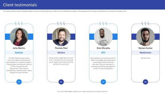 Hospital Medical Research Company Profile Client Testimonials Ppt Pictures Layout PDF