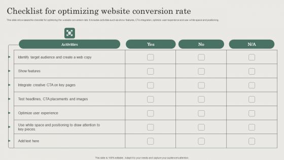 Hospitality And Travel Advertising Techniques Checklist For Optimizing Website Conversion Rate Designs PDF