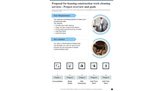 Housing Construction Work Cleaning Services Project Overview And Goals One Pager Sample Example Document
