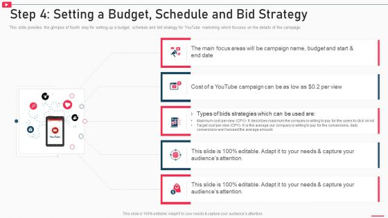 How To Promote Business Using Youtube Marketing Step 4 Setting A Budget Schedule And Bid Strategy Topics PDF