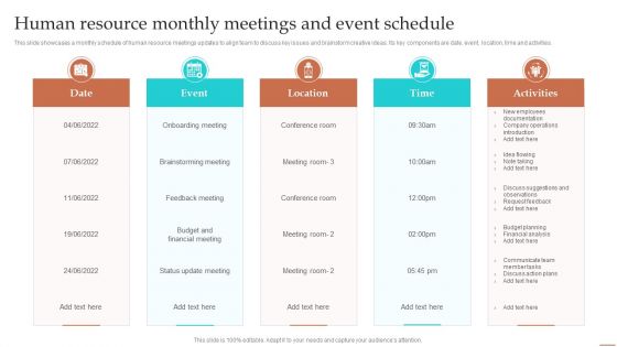 Human Resource Monthly Meetings And Event Schedule Ppt Summary Slideshow PDF