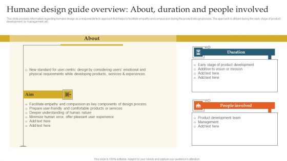 Humane Design Guide Overview About Duration And People Involved Ppt Infographic Template Show PDF