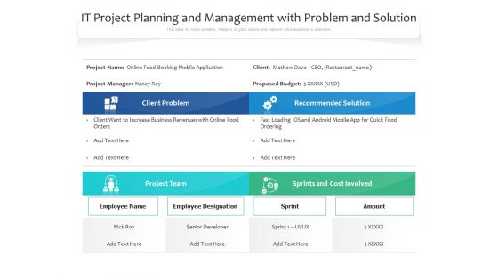 IT Project Planning And Management With Problem And Solution Ppt PowerPoint Presentation Portfolio Graphics Design PDF