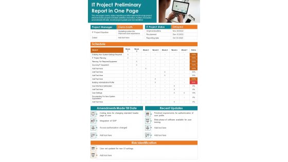 IT Project Preliminary Report In One Page PDF Document PPT Template IT Project Preliminary Report In One Page PDF Document PPT Template