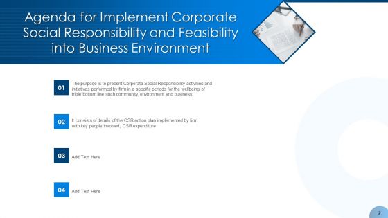 Implement Corporate Social Responsibility And Feasibility Into Business Environment Ppt PowerPoint Presentation Complete With Slides