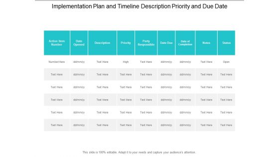 Implementation Plan And Timeline Description Priority And Due Date Ppt Powerpoint Presentation Model Graphics Download