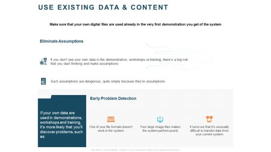 Implementing Digital Asset Management Use Existing Data And Content Ppt Pictures Slides PDF