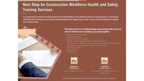 Implementing Safety Construction Next Step For Construction Workforce Health And Safety Training Services Background PDF