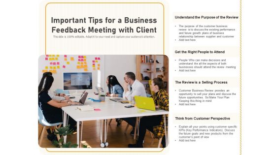 Important Tips For A Business Feedback Meeting With Client Ppt PowerPoint Presentation Gallery Deck PDF