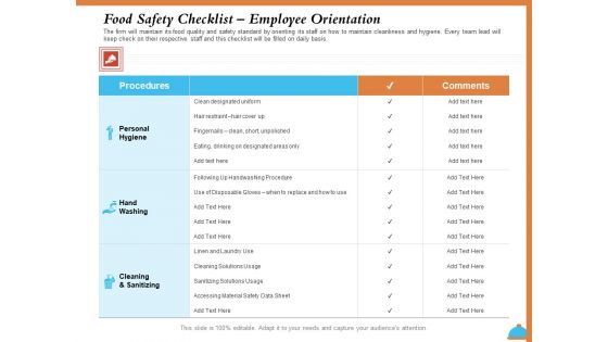 Improving Restaurant Operations Food Safety Checklist Employee Orientation Ppt PowerPoint Presentation Slides Deck PDF
