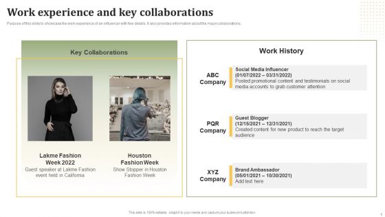 Influencer Advertising Toolkit Work Experience And Key Collaborations Template PDF Influencer Advertising Toolkit Work Experience And Key Collaborations Template PDF