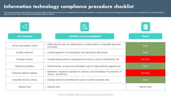 Information Technology Compliance Procedure Checklist Icons PDF