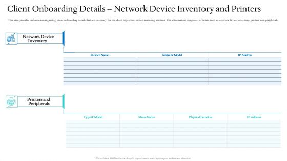 Information Technology Facilities Governance Client Onboarding Details Network Device Inventory And Printers Icons PDF