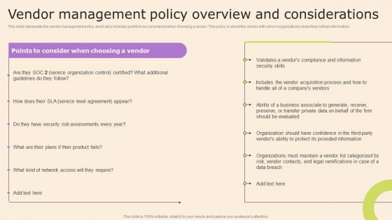 Information Technology Policy And Processes Vendor Management Policy Overview And Considerations Sample PDF