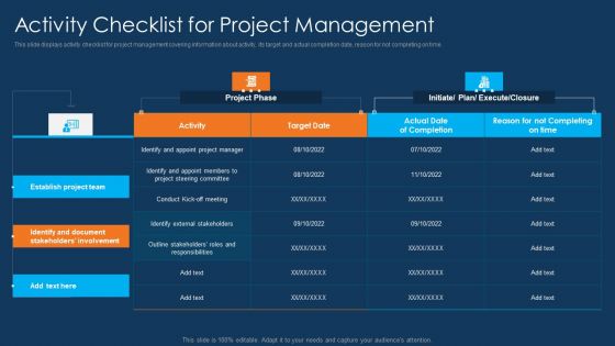 Information Technology Project Initiation Activity Checklist For Project Management Icons PDF