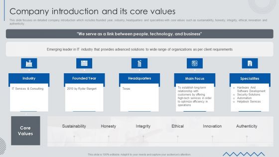 Information Technology Solutions Business Profile Company Introduction And Its Core Values Infographics PDF