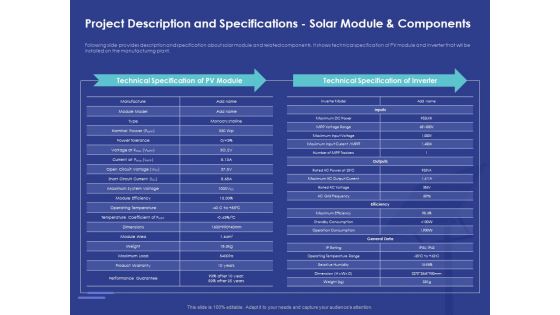 Installing Solar Plant Commercial Building Project Description And Specifications Solar Module And Components Icons PDF