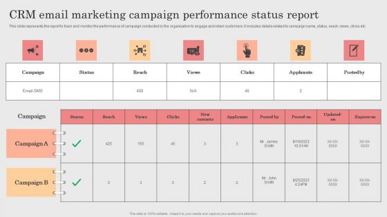Integrating CRM Solution To Acquire Potential Customers CRM Email Marketing Campaign Performance Status Report Download PDF