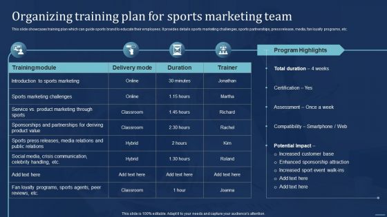 Integrating Sports Marketing Campaign Organizing Training Plan For Sports Marketing Team Elements PDF