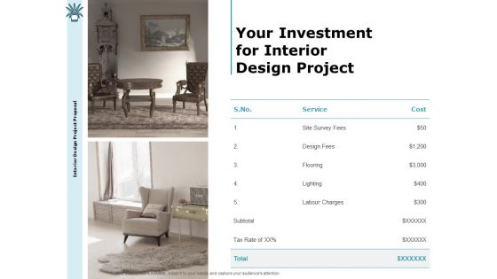 Interior Fitting Proposal Your Investment For Interior Design Project Ppt Model Maker PDF