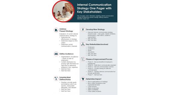 Internal Communication Strategy One Pager With Key Stakeholde PDF Document PPT Template