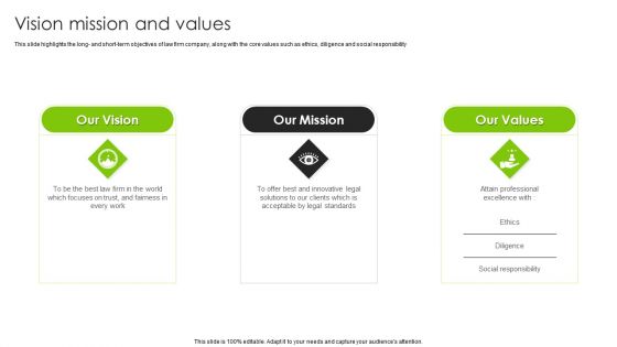 International Legal And Business Services Company Profile Vision Mission And Values Icons PDF