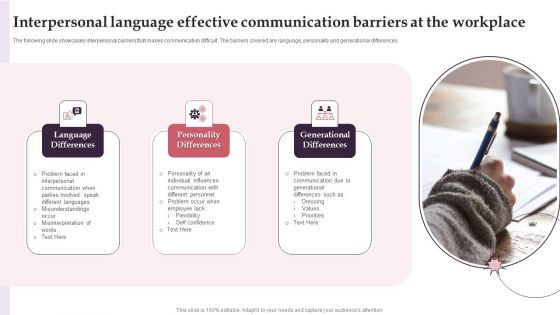 Interpersonal Language Effective Communication Barriers At The Workplace Infographics PDF