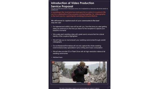 Introduction Of Video Production Service Proposal One Pager Sample Example Document Introduction Of Video Production Service Proposal One Pager Sample Example Document