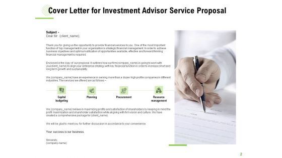 Investment Advisor Service Proposal Ppt PowerPoint Presentation Complete Deck With Slides