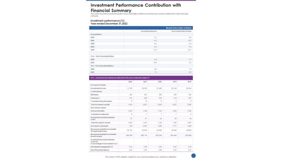 Investment Performance Contribution With Financial Summary One Pager Documents