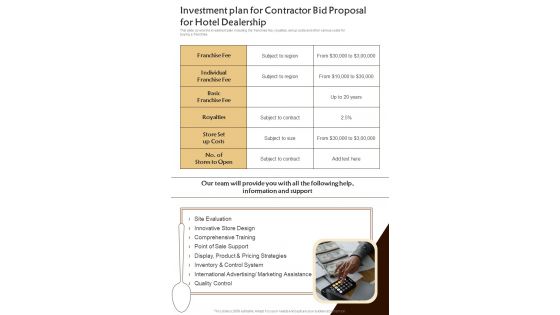 Investment Plan For Contractor Bid Proposal For Hotel Dealership One Pager Sample Example Document Investment Plan For Contractor Bid Proposal For Hotel Dealership One Pager Sample Example Document