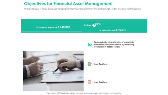 Investment Portfolio Management Objectives For Financial Asset Management Icons PDF
